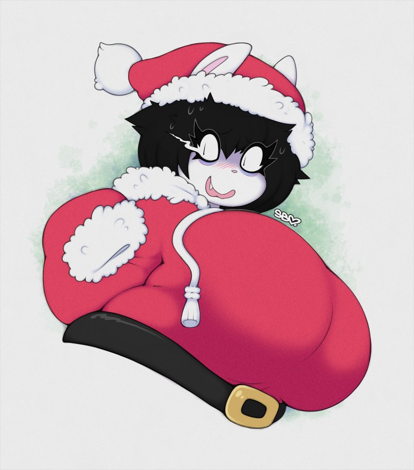 anthro belt belt_buckle big_breasts black_hair blush bodily_fluids breasts buckle christmas_clothing christmas_headwear clothed clothing clothing_cord costume cute_fangs eyelashes eyeliner fangs female front_view fully_clothed fur fur_trim_(clothing) hair hat headgear headwear holidays huge_breasts long_eyelashes looking_at_viewer makeup monotone_body monotone_fur monotone_hair open_mouth open_smile oversized_clothing oversized_topwear pink_inner_ear pink_nose pupils red_clothing red_hat red_headwear red_shirt red_topwear santa_costume santa_hat shirt short_hair simple_background slightly_chubby slit_pupils smile solo stylized_eyes sweat sweatdrop teeth three-quarter_view topwear white_background white_body white_ears white_fur smokyjai christmas femmy_(smokyjai) lagomorph leporid mammal rabbit colored digital_media_(artwork) half-length_portrait hi_res portrait shaded