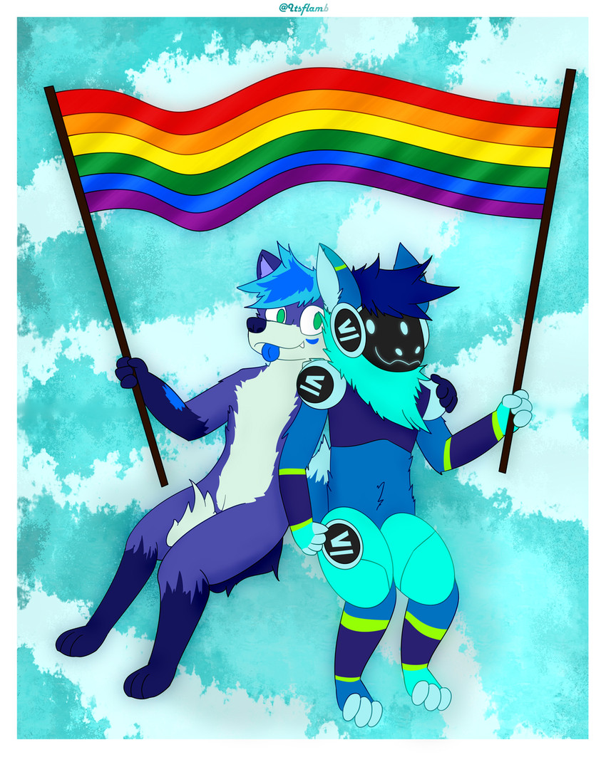 anthro banner blue_tongue duo flag flag_(object) fur green_eyes holding_banner holding_flag holding_object lgbt_pride machine male male/male pride_color_banner pride_color_flag pride_colors purple_body purple_fur rainbow_flag rainbow_pride_colors rainbow_pride_flag rainbow_symbol six-stripe_rainbow_pride_colors tongue itsflamb_(artist) itsflamb_(character) zeitheron canid canine fox mammal protogen 4:5 hi_res