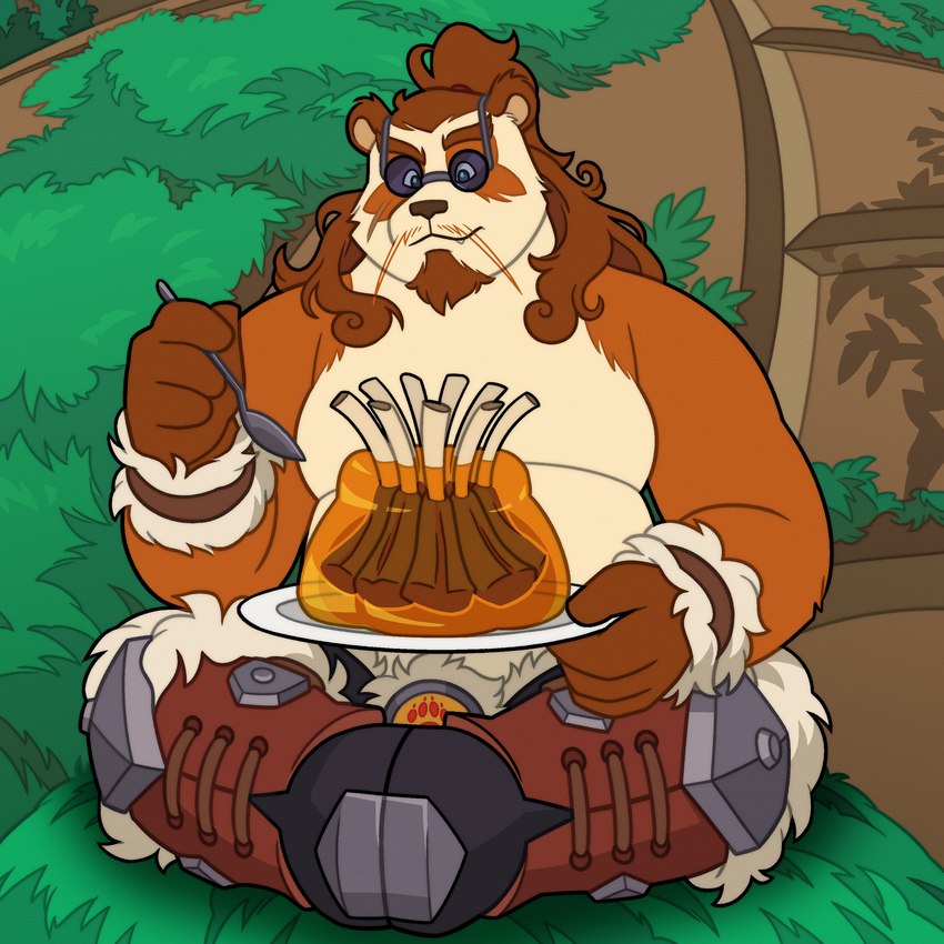 4_fingers anthro arm_tuft armor brown_body brown_eyebrows brown_fur brown_hair cheek_tuft confusion curled_hair cutlery dessert detailed_background eating elbow_tuft eye_markings eyebrows eyewear facial_hair facial_scar facial_tuft fingers food fur fur_trim_(clothing) gelatin goatee hair holding_plate holding_spoon jelly_(food) kitchen_utensils long_hair male markings meat moss orange_body orange_fur outside plant scar shirtless sitting solo spoon sunglasses tied_hair tools tuft white_body white_fur quasarbearcat blizzard_entertainment warcraft bear mammal pandaren 1:1 absurd_res cel_shading hi_res shaded