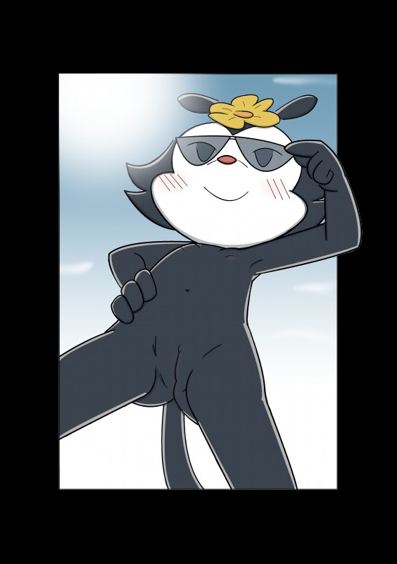 accessory anthro black_body black_fur blush eyewear female flat_chested flower flower_in_hair fur genitals hair hair_accessory hand_on_hip low-angle_view navel nipples nude outside plant pose pussy red_nose smile solo standing sunglasses worm's-eye_view young 8horns animaniacs warner_brothers dot_warner inkblot mammal 2015 absurd_res alpha_channel hi_res