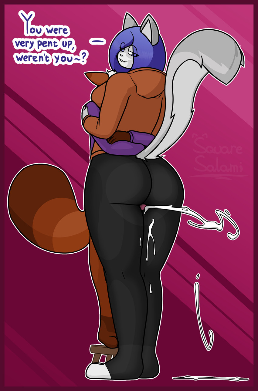 anthro bodily_fluids border bottomless clothed clothing cum duo ejaculation female furniture genital_fluids hoodie hoodie_only looking_back male male/female red_border sex size_difference stool text thigh_sex thighs_together topwear topwear_only translucent translucent_clothing squaresalami echoya_(squaresalami) mucho_(squaresalami) ailurid felid feline mammal red_panda absurd_res hi_res