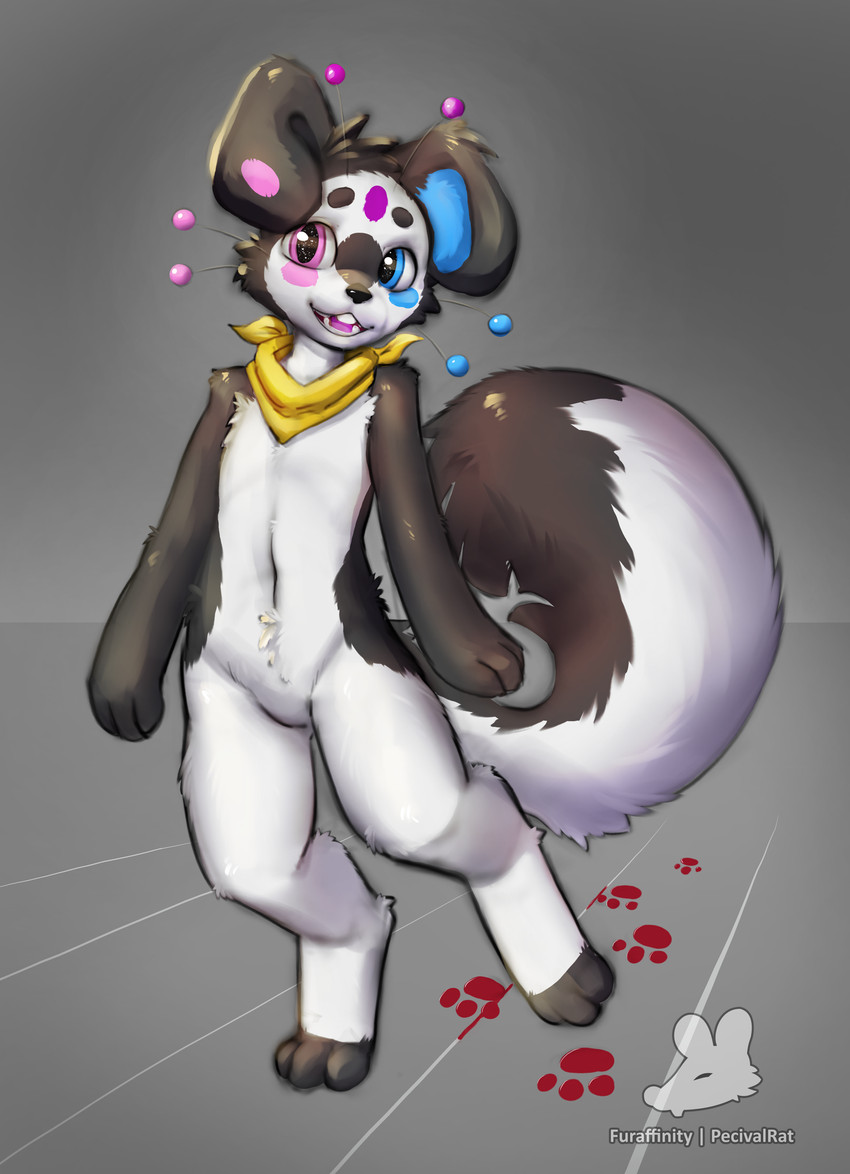 anthro big_tail biped black_body black_fur black_nose blood blood_on_floor blood_on_foot blood_puddle bloody_pawprint blue_eyes bodily_fluids floppy_ears footprint fur heterochromia kerchief looking_at_viewer male multicolored_body multicolored_fur neckerchief neckwear open_mouth pawprint pink_eyes solo standing tail two_tone_body two_tone_fur white_body white_fur yellow_kerchief yellow_neckerchief pecivalrat mammal 2025 absurd_res digital_media_(artwork) digital_painting_(artwork) hi_res painting_(artwork) shaded