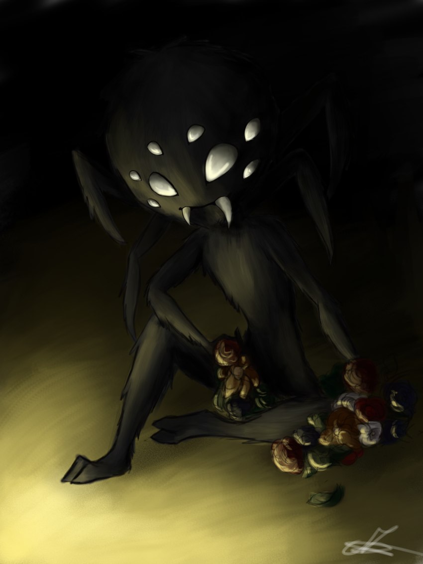 2_toes 6_legs 8_eyes 8_limbs anthro black_background black_body black_fur blue_flower fangs feet flower flower_crown fur glistening glistening_eyes holding_flower holding_object leaf light looking_away male multi_eye multi_leg multi_limb no_pupils nude plant red_flower simple_background sitting sitting_on_ground smile solo teeth toes white_flower yellow_flower yellow_light puffelart don't_starve klei_entertainment webber arachnid arthropod spider 2016 3:4 absurd_res colored hi_res lighting shaded signature