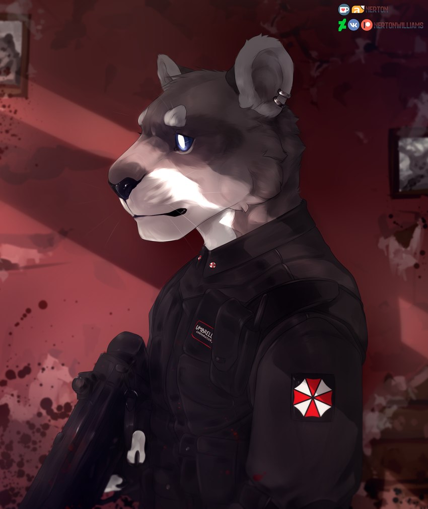 anthro black_lips black_nose blue_eyes blue_sclera clothed clothing countershading detailed_background fur gun holding_gun holding_object holding_ranged_weapon holding_weapon lips ranged_weapon solo weapon whiskers nerton felid lion mammal pantherine 2019 digital_media_(artwork) hi_res