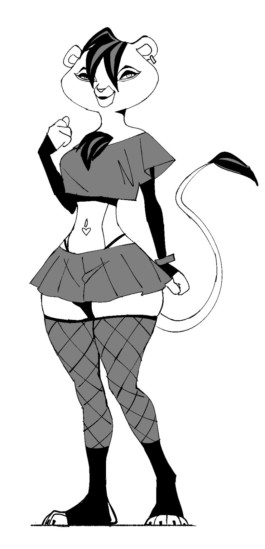 anthro bottomwear clothing crop_top ear_piercing female leggings legwear miniskirt piercing shirt skirt solo topwear jijis-waifus el_arca bruma felid feline lion mammal pantherine hi_res monochrome