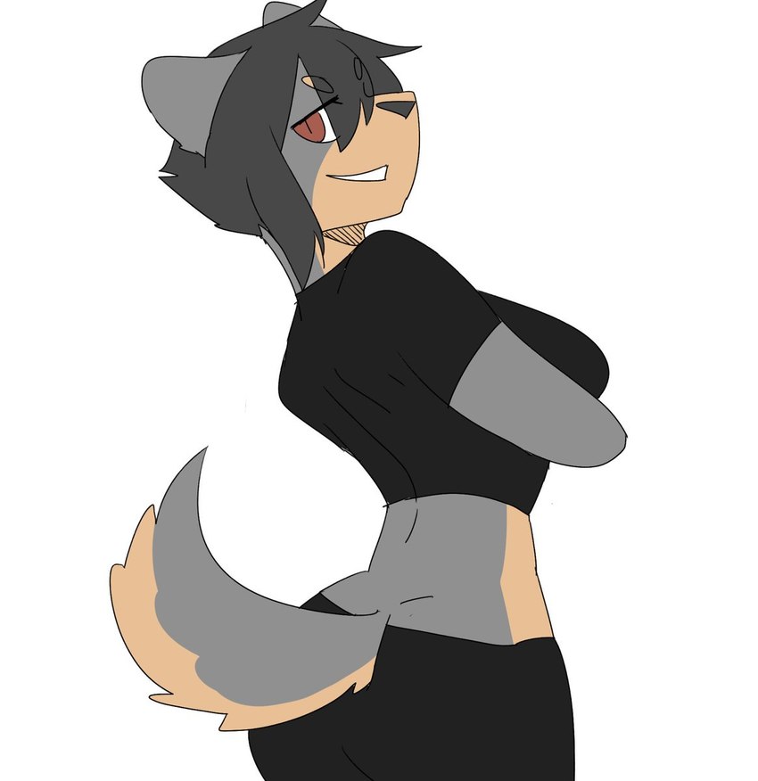 anthro big_breasts big_butt black_hair breasts butt clothed clothing female hair narrowed_eyes pose red_eyes shirt simple_background smile solo t-shirt tail topwear white_background titania_(artist) gum_dung_(titania) canid canine mammal hi_res