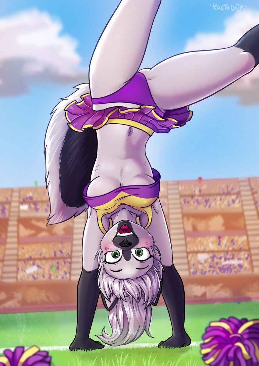 anthro bottomwear breasts cheerleader cheerleader_outfit clothed clothing crowd female fingers fur group hair handstand looking_at_viewer midriff navel no_bra open_mouth panties pom_poms public purple_clothing purple_panties purple_underwear raised_bottomwear raised_clothing raised_skirt shirt skirt skirt_flip smile solo stadium tail tank_top teeth topwear under_boob underwear upside_down kastoluza canid canine fox mammal absurd_res digital_media_(artwork) hi_res