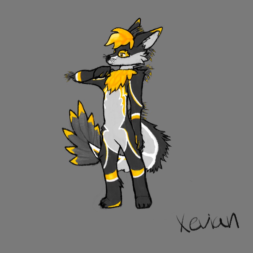 anthro feathers fur gold_markings grey_body male markings solo standing stripes white_stripes yellow_body yellow_eyes yellow_feathers yellow_fur yellow_stripes xevianlight ascended_xevian xevian_(xevianlight) rexouium 1:1 absurd_res hi_res