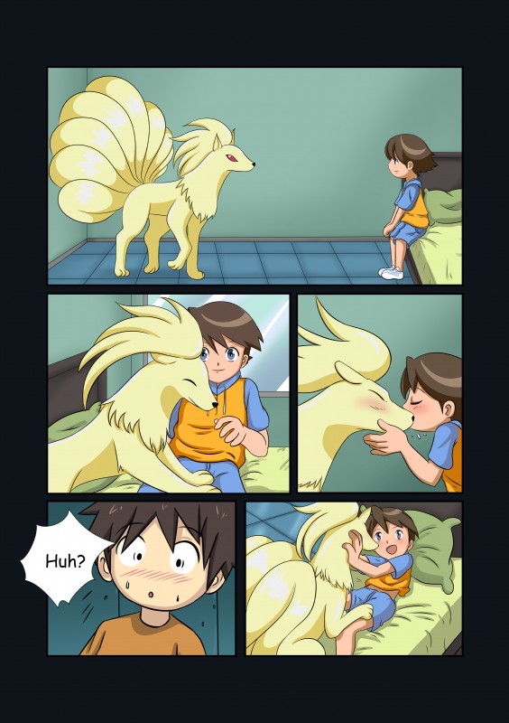 ambiguous_gender bestiality blush feral interspecies kissing male male/ambiguous pokephilia text sugarnhoney nintendo pokemon generation_1_pokemon human mammal ninetales pokemon_(species) absurd_res comic english_text hi_res