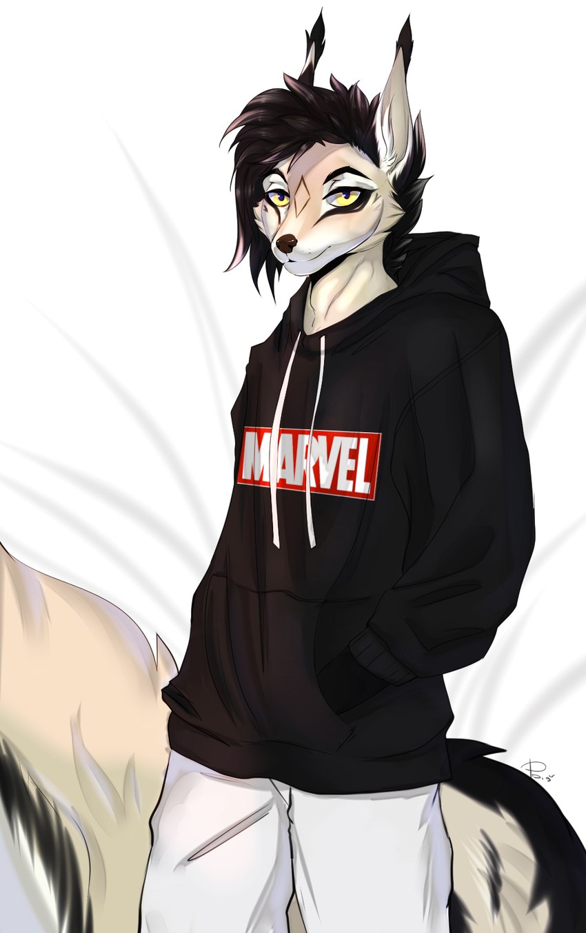 anthro biped black_clothing black_hair black_hoodie black_topwear bottomwear clothing ear_tuft eyebrows fur hair hand_in_pocket hoodie male pants pockets simple_background solo tail tan_body tan_fur topwear tuft white_bottomwear white_clothing white_pants yellow_eyes bambolbi marvel felid mammal 2020 digital_media_(artwork) hi_res portrait shaded three-quarter_portrait