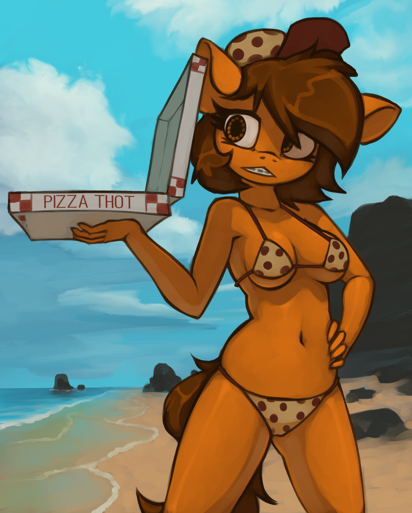 anthro beach bikini bikini_bottom bikini_top braces breasts brown_hair clothed clothing cloud detailed_background female food hair hat headgear headwear holding_object navel pizza pizza_bikini pizza_pattern sea seaside sky solo standing swimwear two-piece_swimsuit under_boob water marsminer hasbro my_little_pony pizza_thot venus_spring equid equine horse mammal pony hi_res