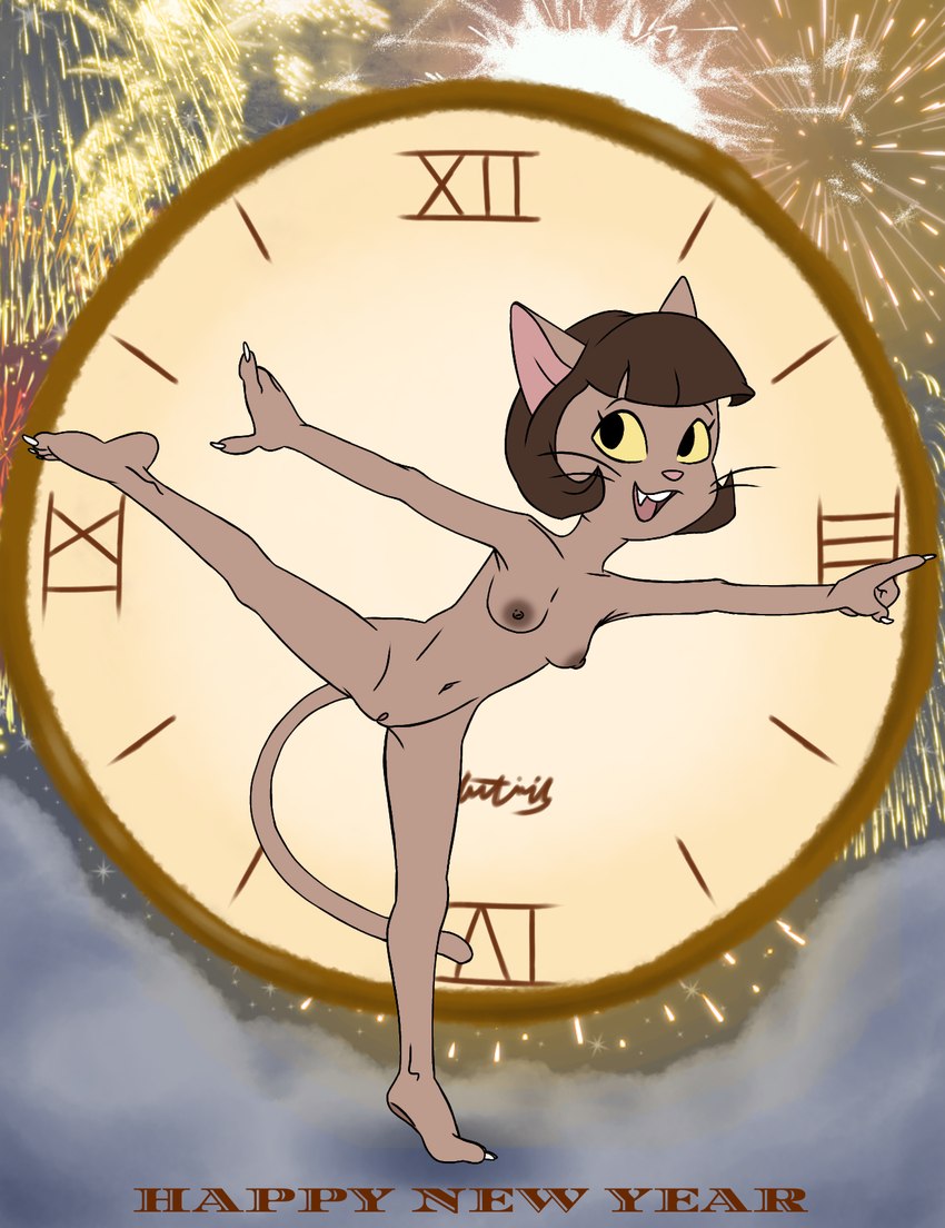 3_toes 4_fingers analog_clock anthro areola bangs big_areola big_eyes big_iris biped black_eyebrows black_eyes black_whiskers breasts brown_areola brown_body brown_breasts brown_ears brown_fur brown_hair brown_nipples brown_tail brown_text claws clock curved_eyebrows dark_areola dark_hair dark_nipples dark_tongue detailed_background erect_nipples extended_arms extended_leg eyebrows eyelashes fangs feet female finger_claws fingers fireworks front_view fur genitals gesture hair hand_gesture happy holiday_message holidays humanoid_feet humanoid_hands iris leaning leaning_forward light_body light_breasts light_claws light_ears light_fur light_inner_ear light_nose light_pussy light_tail long_legs long_whiskers looking_at_viewer monotone_body monotone_fur monotone_hair monotone_tail navel nipples no_pupils nude nude_anthro nude_female on_one_leg open_mouth open_smile pink_inner_ear pink_nose pink_pussy pink_tongue plantigrade pointing pointy_ears pose prick_ears puffy_nipples pussy raised_heel raised_leg roman_numeral short_hair small_breasts smile smiling_at_viewer solo standing straight_leg tail teeth text thin_eyebrows toe_claws toes tongue whiskers white_claws yellow_sclera dbaru third-party_edit lackadaisy new_year new_year_2025 ivy_pepper domestic_cat felid feline felis mammal 2024 color_edit colored digital_drawing_(artwork) digital_media_(artwork) english_text full-length_portrait hi_res portrait