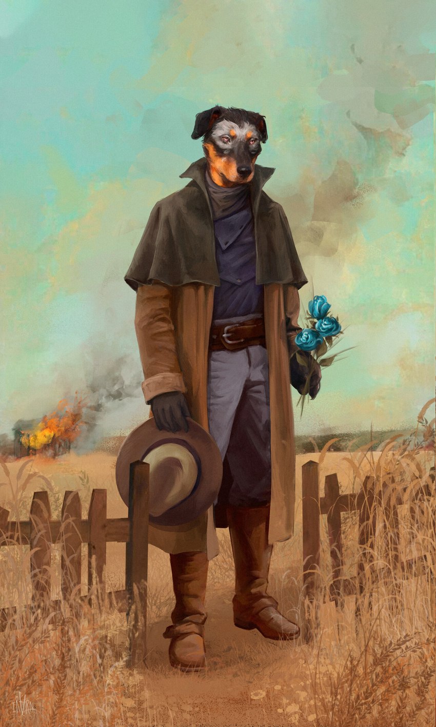 anthro belt biped boots bottomwear brown_boots brown_clothing brown_footwear clothed clothing detailed_background fence fire flower footwear fully_clothed hat headgear headwear holding_flower holding_object male outside pants plant shoes solo standing ira-arn canid canine canis domestic_dog mammal 2021 3:5 absurd_res hi_res