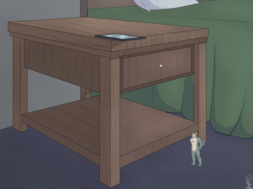 anthro bed bedroom electronics fur furniture male micro nude phone solo donttouchmylasagna beastars legoshi_(beastars) canid canine canis mammal wolf 4:3 hi_res