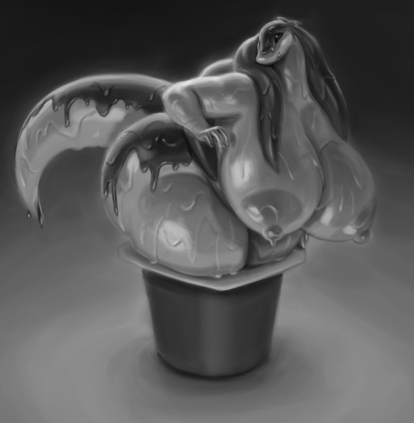 anthro big_breasts breasts dessert female food huge_breasts nipples nude pudding solo thick_thighs patacon pudding_(justkindofhere) food_creature goo_creature absurd_res digital_media_(artwork) digital_painting_(artwork) greyscale hi_res monochrome