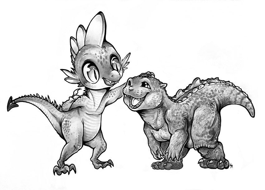 anthro copic_markers duo feral headpat male tail shon2 friendship_is_magic godzilla_(series) hasbro my_little_pony mythology toho godzilla minilla spike_(mlp) dragon kaiju mythological_creature mythological_scalie reptile scalie hi_res monochrome