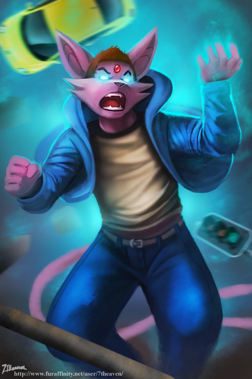 5_fingers anthro anthrofied belt blue_clothing car clothing fingers fist fur glowing glowing_eyes hoodie levitation male open_mouth pokemorph purple_body purple_fur screaming shirt solo teeth telekinesis topwear traffic_light vehicle 7theaven nintendo pokemon eeveelution espeon generation_2_pokemon pokemon_(species) 2016 2:3 absurd_res hi_res