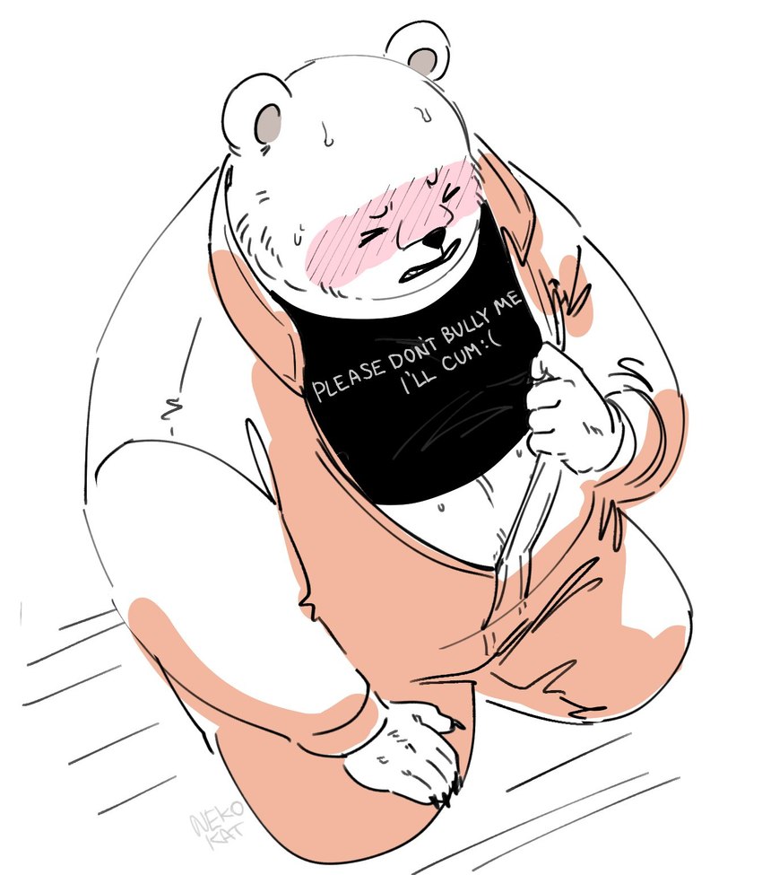 anthro belly blush clothed clothing eyes_closed humanoid_hands male overweight overweight_male shirt simple_background solo text text_on_clothing text_on_shirt text_on_topwear topwear nekokat42 one_piece bepo_(one_piece) bear mammal minkmen_(one_piece) polar_bear ursine 2023 hi_res