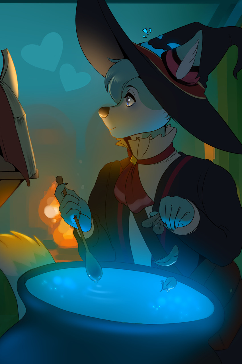 Rule 34 Dev - anthro blue_body blue_eyes blue_fur book cauldron clothing  cosplay cutlery feathers fire fur hat headgear headwear heart_symbol  holding_object kitchen_utensils magic_user male messenger_bag robe shirt  solo spoon tools topwear white_body