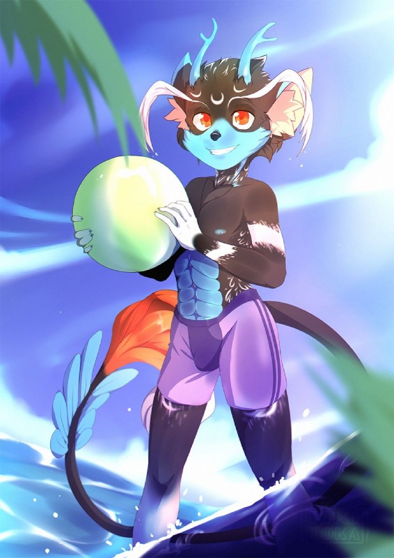 5_fingers abs anthro black_body black_fur blue_body blue_fur blue_nose bulge day fingers fur holding_object male nipples outside sky smile solo water rikitoka unknown_species hi_res