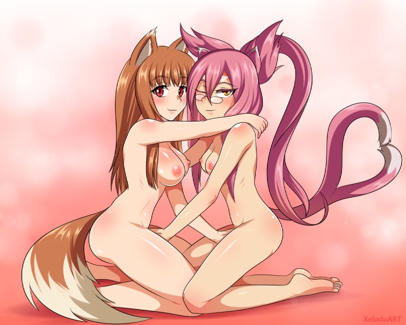 amber_eyes blush breasts brown_body brown_fur brown_hair dipstick_tail duo eyewear female forked_tail fur glasses gradient_background grin hair kneeling looking_at_viewer markings multicolored_tail mutual_masturbation nipples nude one_eye_closed pink_body pink_fur pink_hair pupils red_eyes simple_background slit_pupils smile tail tail_markings unusual_anatomy unusual_tail vaginal white_body white_fur wink xeladuart arc_system_works blazblue spice_and_wolf holo_(spice_and_wolf) kokonoe_mercury animal_humanoid canid canid_humanoid canine canine_humanoid canis cat_humanoid felid felid_humanoid feline feline_humanoid humanoid mammal mammal_humanoid wolf wolf_humanoid 2017 5:4 smaller_version_at_source