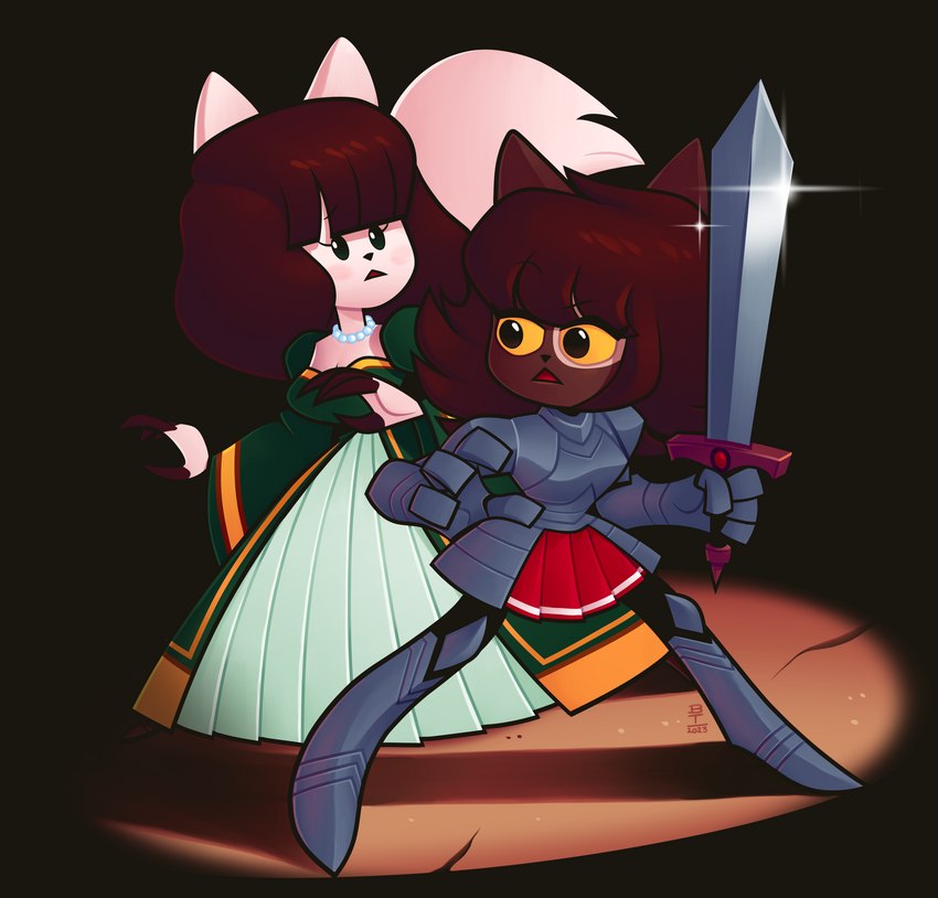 anthro armor bangs brown_body brown_fur brown_hair clothing dress duo female fur hair knight melee_weapon sword warrior weapon yellow_sclera wazzaldorp billie_(wazzaldorp) millie_(wazzaldorp) domestic_cat felid feline felis mammal 2023 absurd_res hi_res