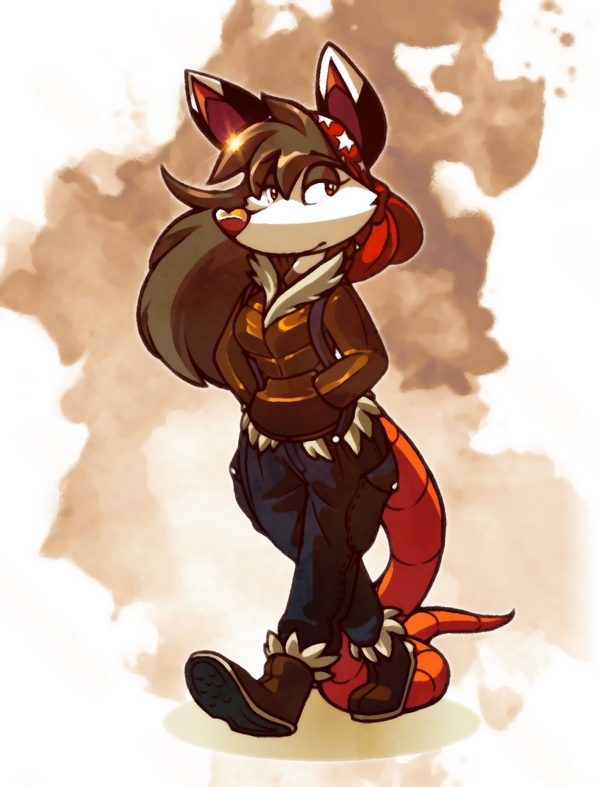 anthro biped boots bottomwear brown_clothing brown_topwear clothed clothing denim denim_bottomwear denim_clothing female footwear jeans kerchief pants shoes solo standing tail topwear almyriganhero frebbventure foamy_(frebbventure) american_opossum mammal marsupial virginia_opossum 2023 hi_res official_art