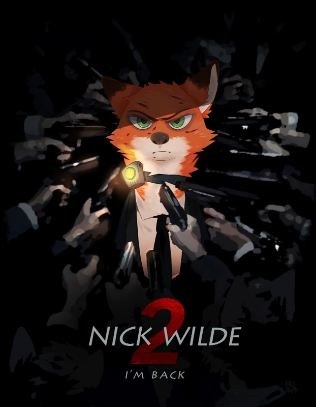 ambiguous_gender angry anthro black_body black_fur black_nose blood bodily_fluids clothing collar fur green_eyes group gun handgun inner_ear_fluff looking_at_viewer male movie_poster necktie orange_body orange_fur parody poster poster_template ranged_weapon scratch solo_focus suit text title tuft weapon white_body white_fur huka 赫卡huka disney john_wick zootopia nick_wilde canid canine fox human lagomorph mammal red_fox true_fox 2017 crossover english_text hi_res