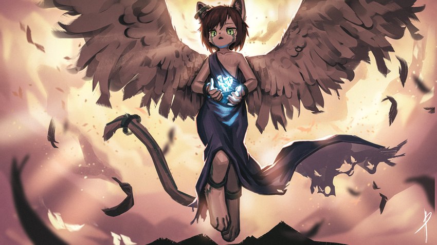 accessory anklet anthro barefoot bracelet broken_heart brown_body brown_feathers brown_hair clothed clothing cloud crossdressing detailed_background digitigrade dress feathered_wings feathers feet femboy flying front_view fully_clothed furgonomics glowing_heart green_eyes hair jewelry levitation light looking_at_viewer looking_down loose_feather magic magic_heart male male_anthro open_mouth outside pupils ring short_hair sky skyscape slit_pupils solo spread_wings sunlight tail tail_accessory tail_jewelry tail_ring wings blaedic jezekin angel domestic_cat felid feline felis mammal 16:9 2022 absurd_res hi_res widescreen