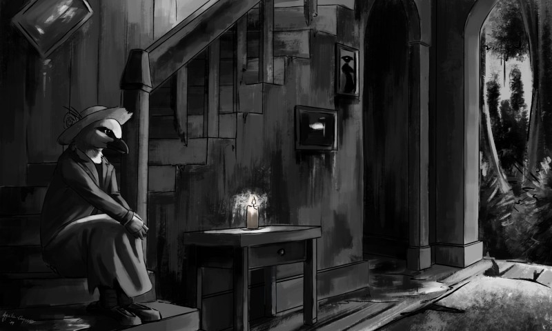 anthro building candle clothed clothing decrepit detailed_background female house inside lonely sitting solo aquila_chrysaetos avian bird kingbird new_world_suboscine passerine scissor-tailed_flycatcher suboscine tyrant_flycatcher 2019 5:3 digital_media_(artwork) greyscale hi_res monochrome