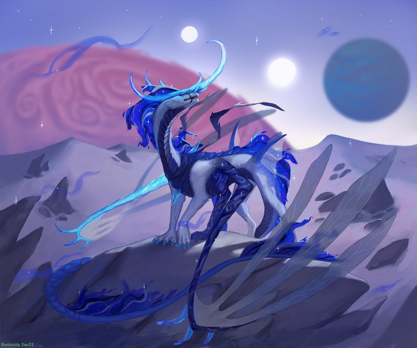 blue_hair claws detailed_background feral fur hair moon night outside sky star starry_sky tail banicsidy mythology dragon furred_dragon furred_scalie mythological_creature mythological_scalie scalie wingless_dragon 2021 digital_media_(artwork) hi_res