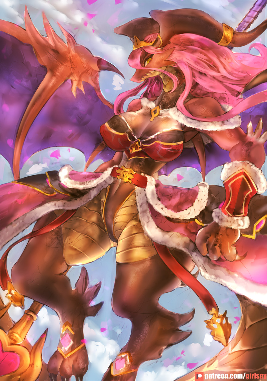 3_toes anthro breasts cleavage clothed clothing feet female hair horn legwear long_hair membrane_(anatomy) membranous_wings nipple_outline non-mammal_breasts patreon_logo pink_hair solo tail text thick_thighs thigh_highs toes wide_hips wings girlsay cygames dragalia_lost mythology nintendo patreon brunhilda_(dragalia_lost) mym_(dragalia_lost) dragon mythological_creature mythological_scalie scalie 2020 hi_res url