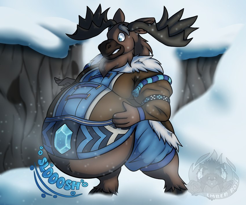 anthro antlers belly belly_lift big_belly bloated blue_eyes brown_body brown_fur clothing diamond_(gem) fur gem holding_belly horn huge_belly hyper hyper_belly male obese obese_anthro obese_male overweight overweight_anthro overweight_male snow solo tight_clothing weight_gain winter_clothing averydraws wizard101 tarrak_hadfield deer mammal moose new_world_deer hi_res