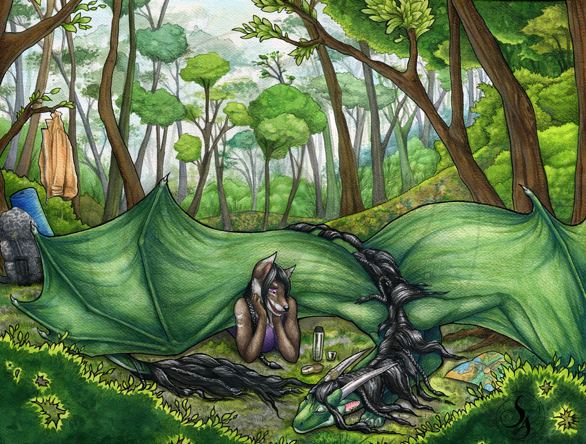 anthro arm_support backpack black_hair camping claws clothed clothing compass day detailed_background duo ear_piercing ear_ring female feral forest grass green_body green_scales hair horn leaning_on_elbow looking_at_another lying map membrane_(anatomy) membranous_wings open_mouth outside piercing pink_eyes plant ring_piercing scales shrub tail teeth tree wings natoli european_mythology mythology sedyana sierra_(sierraex) canid canine canis domestic_dog dragon mammal mythological_creature mythological_scalie scalie western_dragon 2020 digital_media_(artwork) hi_res traditional_media_(artwork) watermark