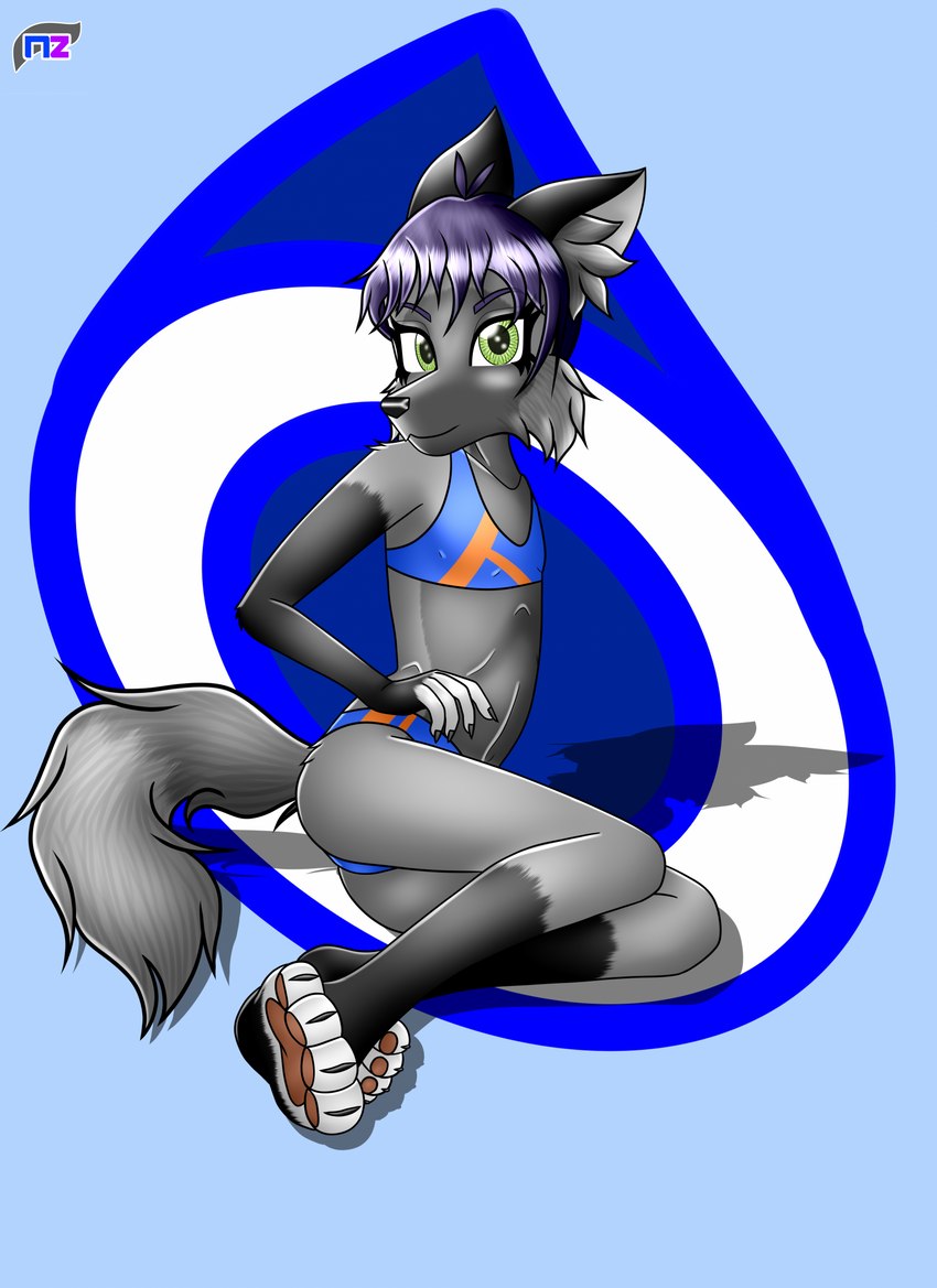 abstract_background anthro bikini black_hair butt claws clothed clothing feet female fluffy fluffy_tail fur green_eyes grey_body grey_fur hair looking_at_viewer navel pawpads short_hair simple_background smile solo swimwear tail toes topwear two-piece_swimsuit young young_anthro young_female newzorra vienna_zorra canid canine fox mammal red_fox silver_fox true_fox digital_media_(artwork) hi_res