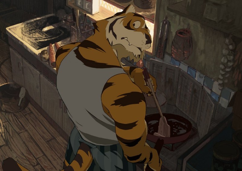 anthro box butt clothed clothing container cooking cookware detailed_background food frying_pan handwear humanoid_hands kitchen kitchen_utensils looking_back male meat mittens plant potato shirt solo tank_top tools topwear underwear vegetable motogen felid mammal pantherine tiger 2016