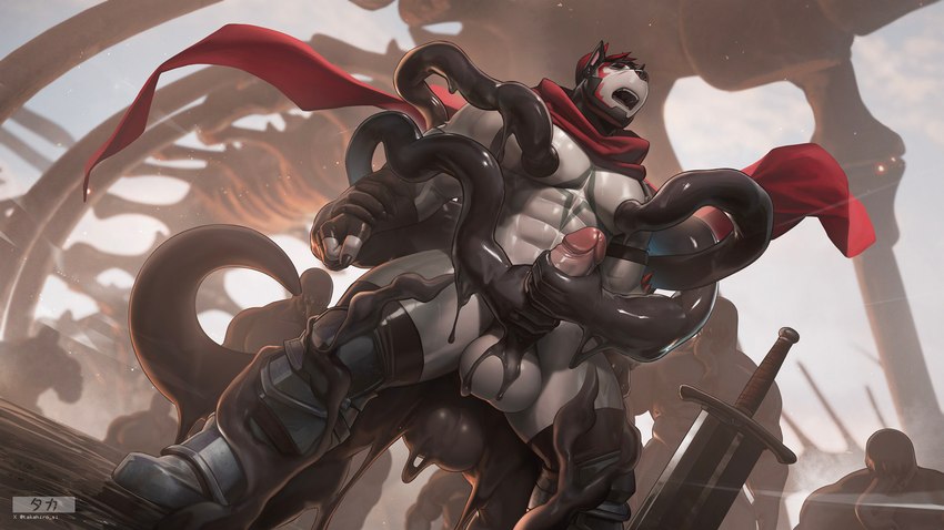 2_horns abs anthro armband armor balls big_balls big_muscles big_penis black_body bone boots chest_markings clothing countershading eyeless fingerless_(marking) fingerless_gloves footwear fur genitals gloves goo_tentacles greaves group hair handjob handwear horn knee_pads logo long_tongue male male/male markings melee_weapon mostly_nude_anthro mostly_nude_male multicolored_body multicolored_fur muscular muscular_anthro muscular_male navel nipple_fetish nipple_play open_mouth pecs penile penis penis_grab questionable_consent red_hair red_horn red_scarf restrained_arms restrained_legs scarf sex shoes skeleton slime solo sword tail teal_body teal_fur teal_markings tentacle_on_nipple tentacles text thick_thighs tongue two_tone_body two_tone_fur weapon white_body white_countershading white_fur takahirosi o_(takahirosi) canid canine demon goo_creature hybrid mammal 16:9 2024 artist_logo digital_media_(artwork) hi_res url watermark widescreen