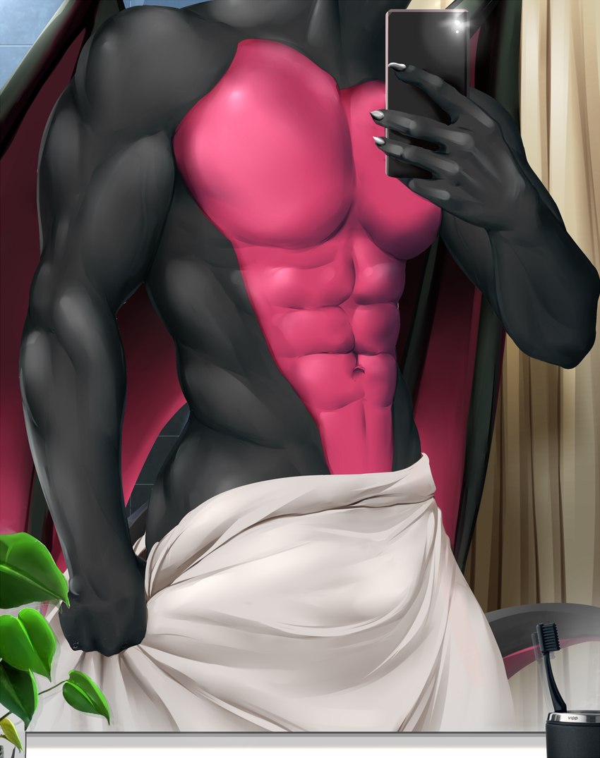 abs anthro bathroom black_body black_scales black_wings cellphone claws electronics magenta_body magenta_scales magenta_wings male membrane_(anatomy) membranous_wings mirror muscular muscular_male phone scales solo tail wings tipsycanvas mythology magnus dragon mythological_creature mythological_scalie reptile scalie hi_res