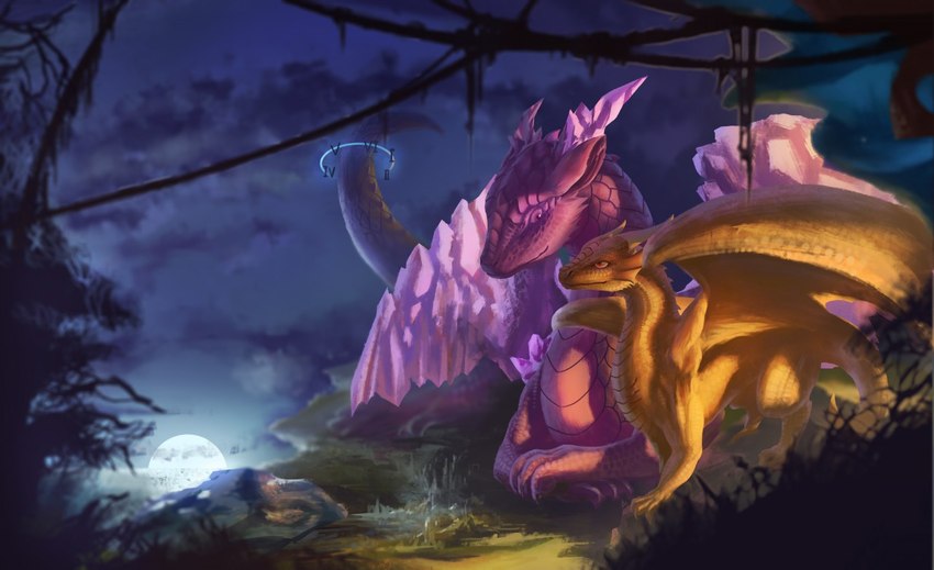 ambiguous_gender crossed_arms crystal detailed_background duo feral horn looking_at_another membrane_(anatomy) membranous_wings night outside purple_body roman_numeral tail wings yellow_body linchen european_mythology mythology stardust dragon mythological_creature mythological_scalie scalie western_dragon