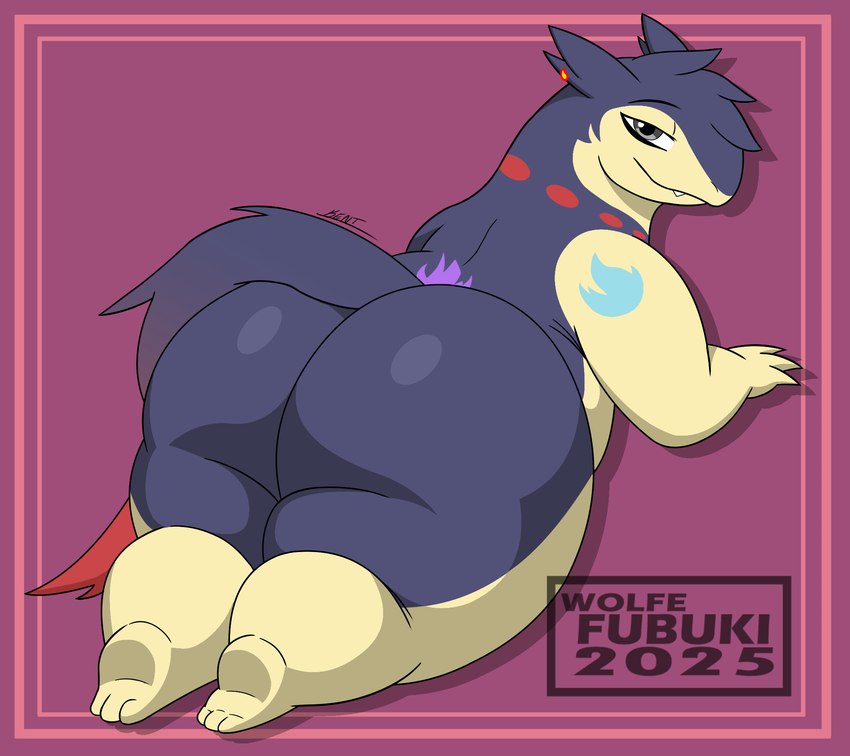 anthro big_butt butt grey_eyes looking_at_viewer looking_back lying male nude on_front rear_view simple_background solo tail tattoo wide_hips wolfe_fubuki nintendo pokemon generation_2_pokemon generation_8_pokemon hisuian_form hisuian_typhlosion pokemon_(species) regional_form_(pokemon) typhlosion cel_shading hi_res shaded