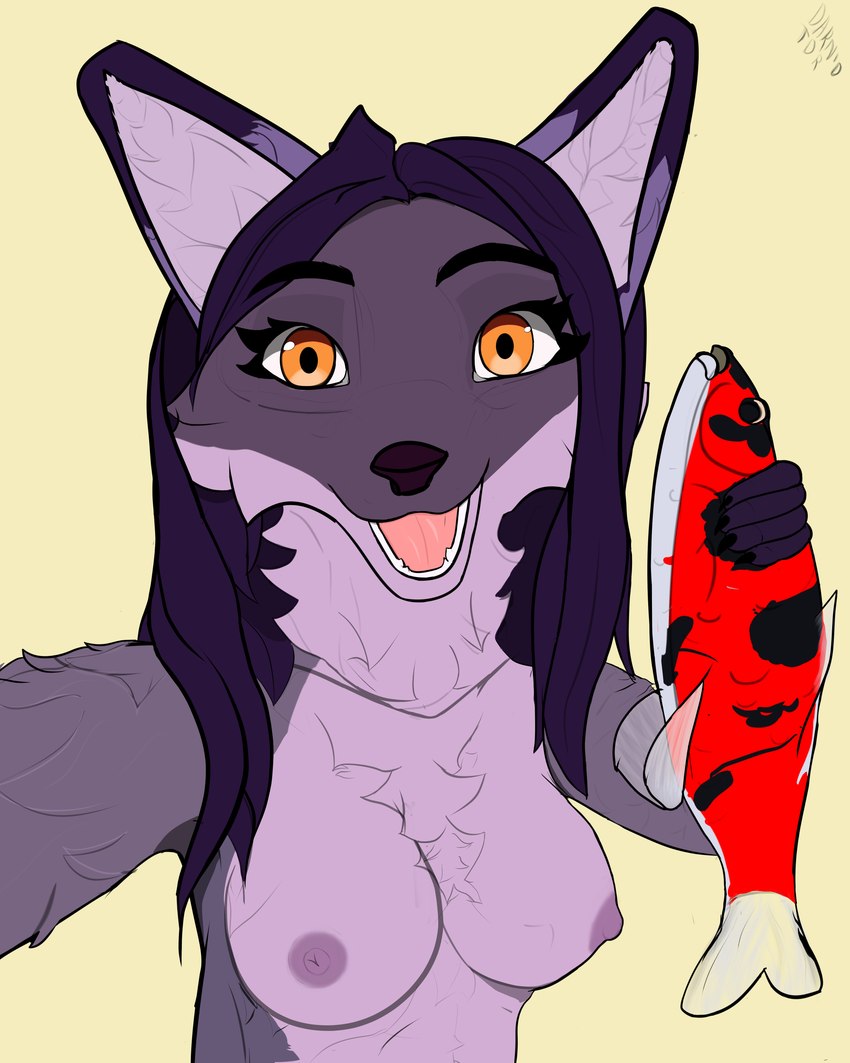 anthro breasts female front_view happy nipple_piercing nipples open_mouth piercing solo tongue darnotor amur_carp canid canine carp cyprinid cypriniform fish fox koi mammal marine typical_carp 4:5 absurd_res hi_res