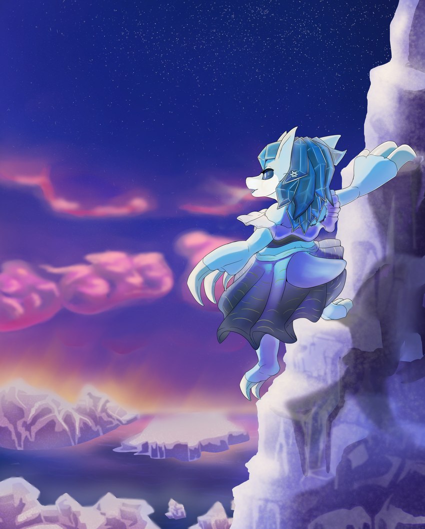 anthro claws clothed clothing detailed_background female glacier ice ice_hair rock_climbing solo sunset zody300 nintendo pokemon alice_(theassumingmage) alolan_form alolan_sandslash generation_7_pokemon mammal pokemon_(species) regional_form_(pokemon) hi_res