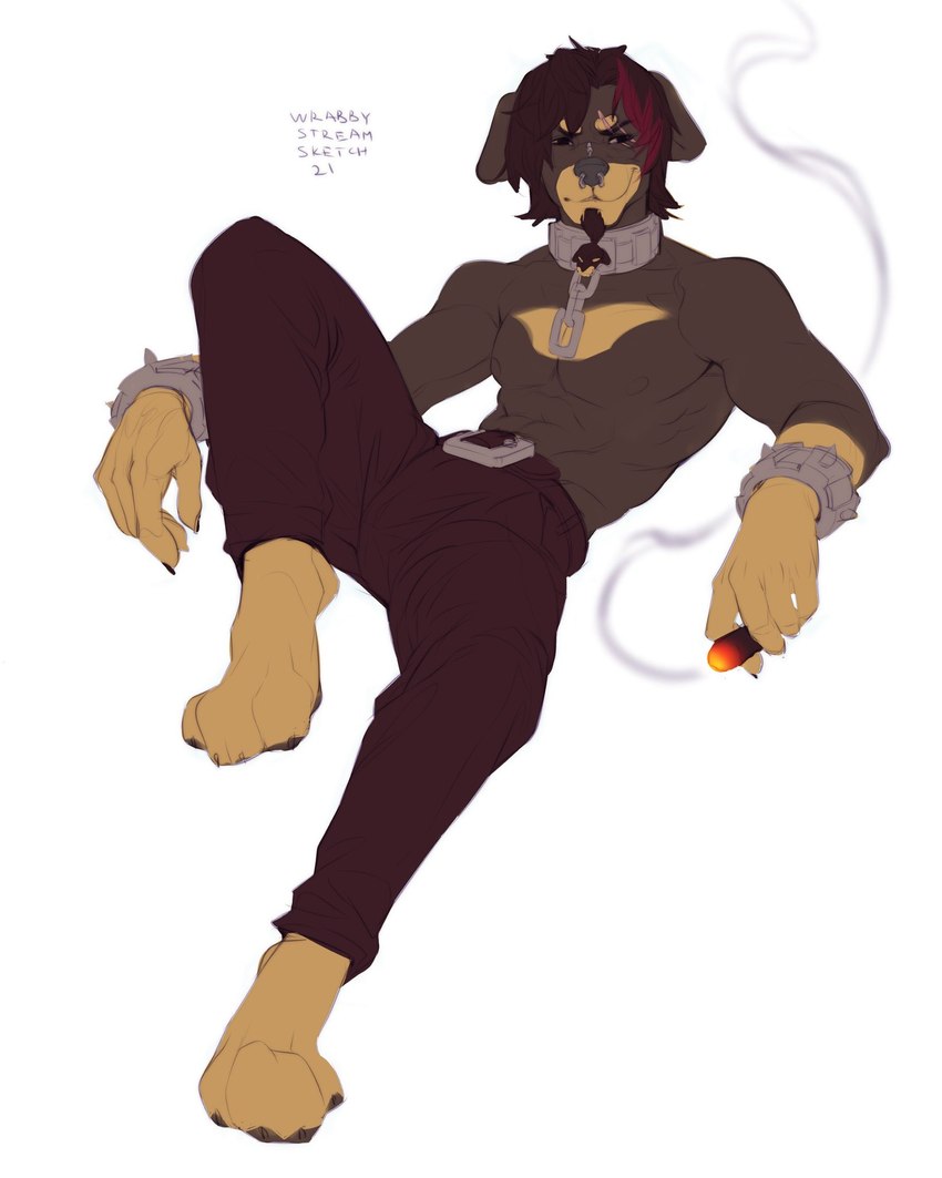 4_toes 5_fingers anthro cigar collar feet fingers fur hair male sitting smile solo toes wrabby canid canine canis domestic_dog mammal 2021 digital_media_(artwork) hi_res