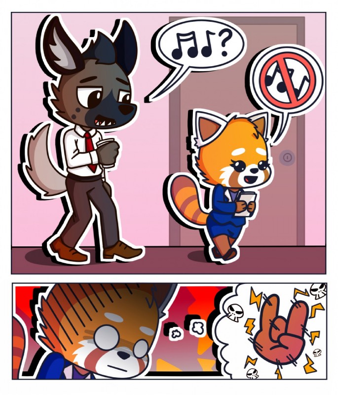 anthro bottomwear clothed clothing duo eyelashes female fur male pencil_skirt simple_background skirt chainchomped aggretsuko sanrio haida_(aggretsuko) retsuko ailurid hyena mammal red_panda spotted_hyena 2018 digital_media_(artwork) hi_res