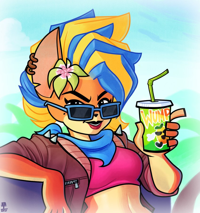 accessory anthro beverage clothing eyewear female flower flower_in_hair fur hair hair_accessory jacket kerchief lipstick makeup mohawk multicolored_hair orange_body orange_fur plant solo sunglasses topwear wazzaldorp activision crash_bandicoot_(series) pirate_tawna bandicoot mammal marsupial 2021 hi_res