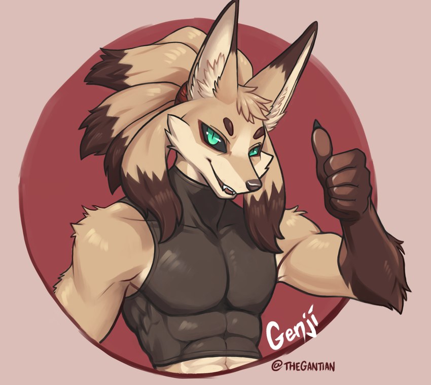 abs accessory anthro circle clothing crop_top cute_fangs dark_sclera fangs gesture green_eyes grin hand_gesture headband looking_at_viewer male midriff pecs pupils raised_arm shirt simple_background sleeveless sleeveless_shirt slit_pupils smile solo teeth thumbs_up topwear thegantian genji canid canine fox mammal 2024 hi_res signature