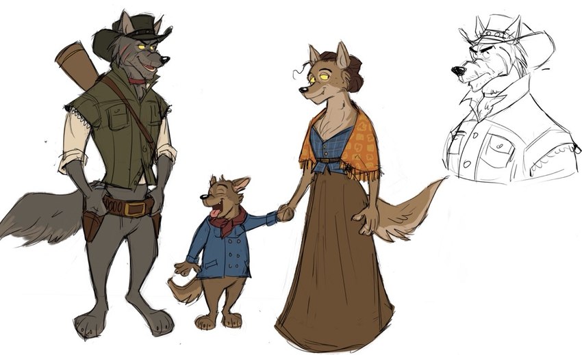 anthro bottomwear clothing cowboy_hat female group hat headgear headwear long_skirt male open_mouth open_smile skirt smile trio western wild_west dishonorablehet red_dead_(series) rockstar_games abigail_marston jack_marston john_marston canid canine canis coyote mammal wolf