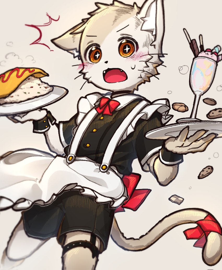 anthro apron blush blush_lines cheek_tuft clothed clothing facial_tuft food fur fur_tuft inner_ear_fluff kemono male multicolored_body multicolored_fur omelette omurice_(food) open_mouth rice solo tail tuft two_tone_body two_tone_fur whiskers young young_anthro popokachip poka_(popokachip) domestic_cat felid feline felis mammal