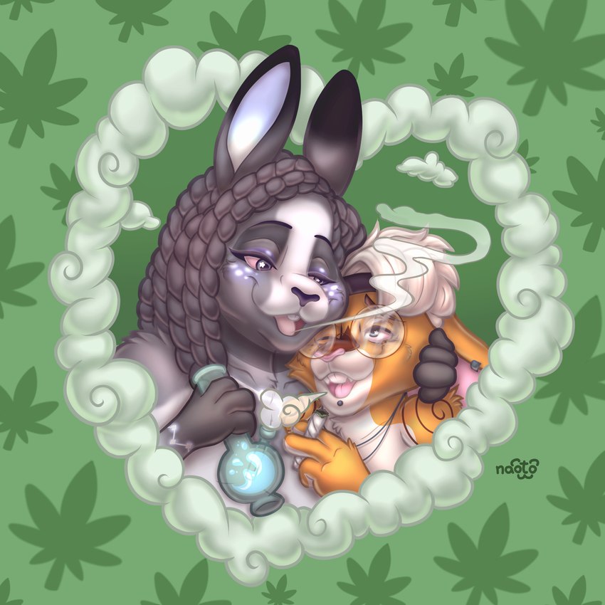 anthro blunt bong drugs duo fumes heart_symbol hug love male marijuana mottled piebald romantic romantic_couple naoto felid hybrid lagomorph leporid mammal pantherine rabbit tiger absurd_res hi_res