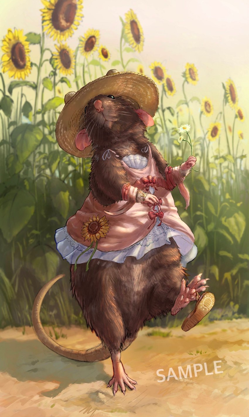 biped brown_body brown_fur clothed clothing detailed_background feet feral flower foot_focus footwear fur loose_footwear outside pink_nose plant sample sandals shoe_dangle shoes soles solo sunflower toes nejumipro mammal murid murine rat rodent 2024 hi_res